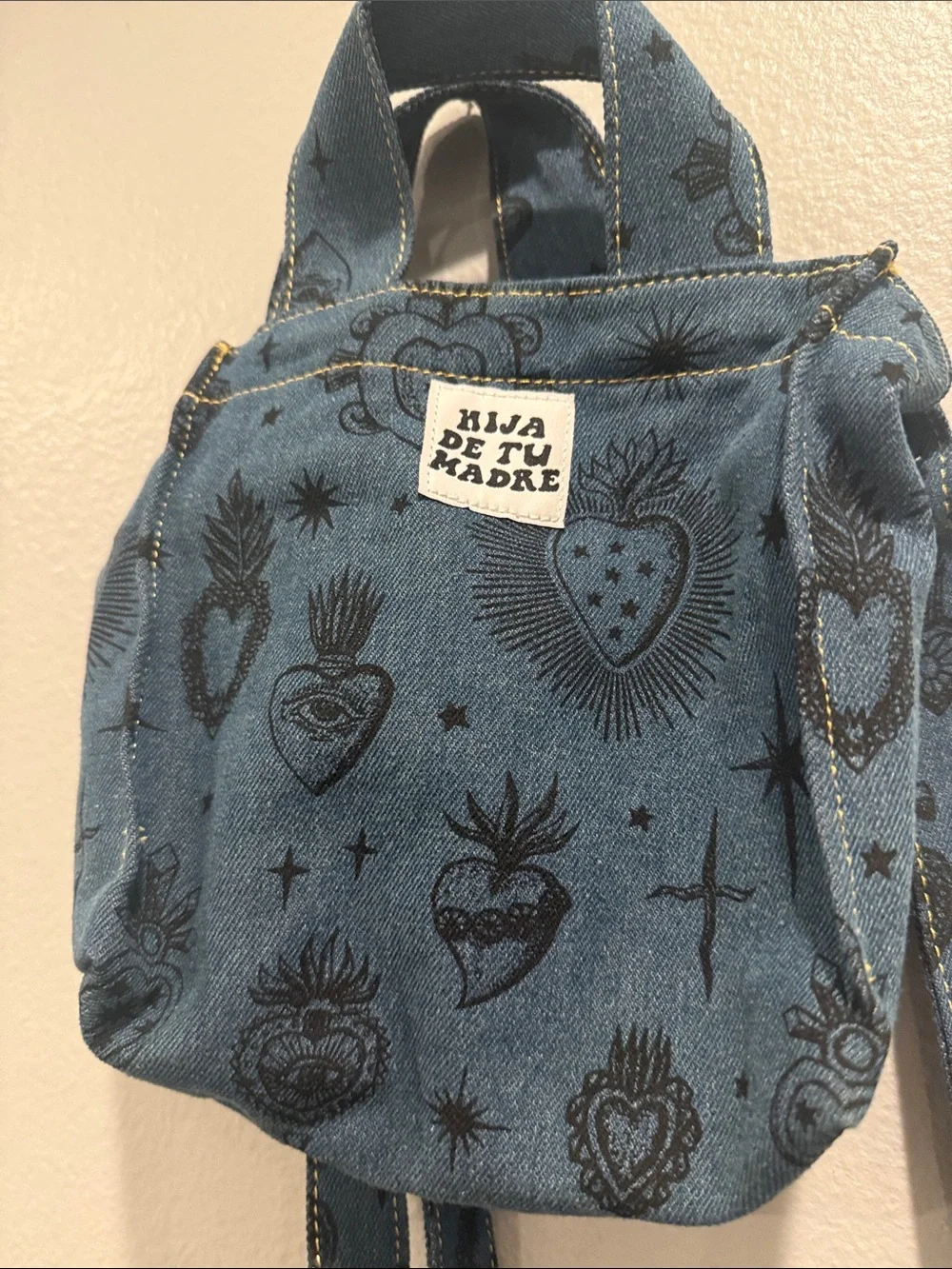 Hija de tu Madre Blue Canvas Heart Print Crossbody Bag